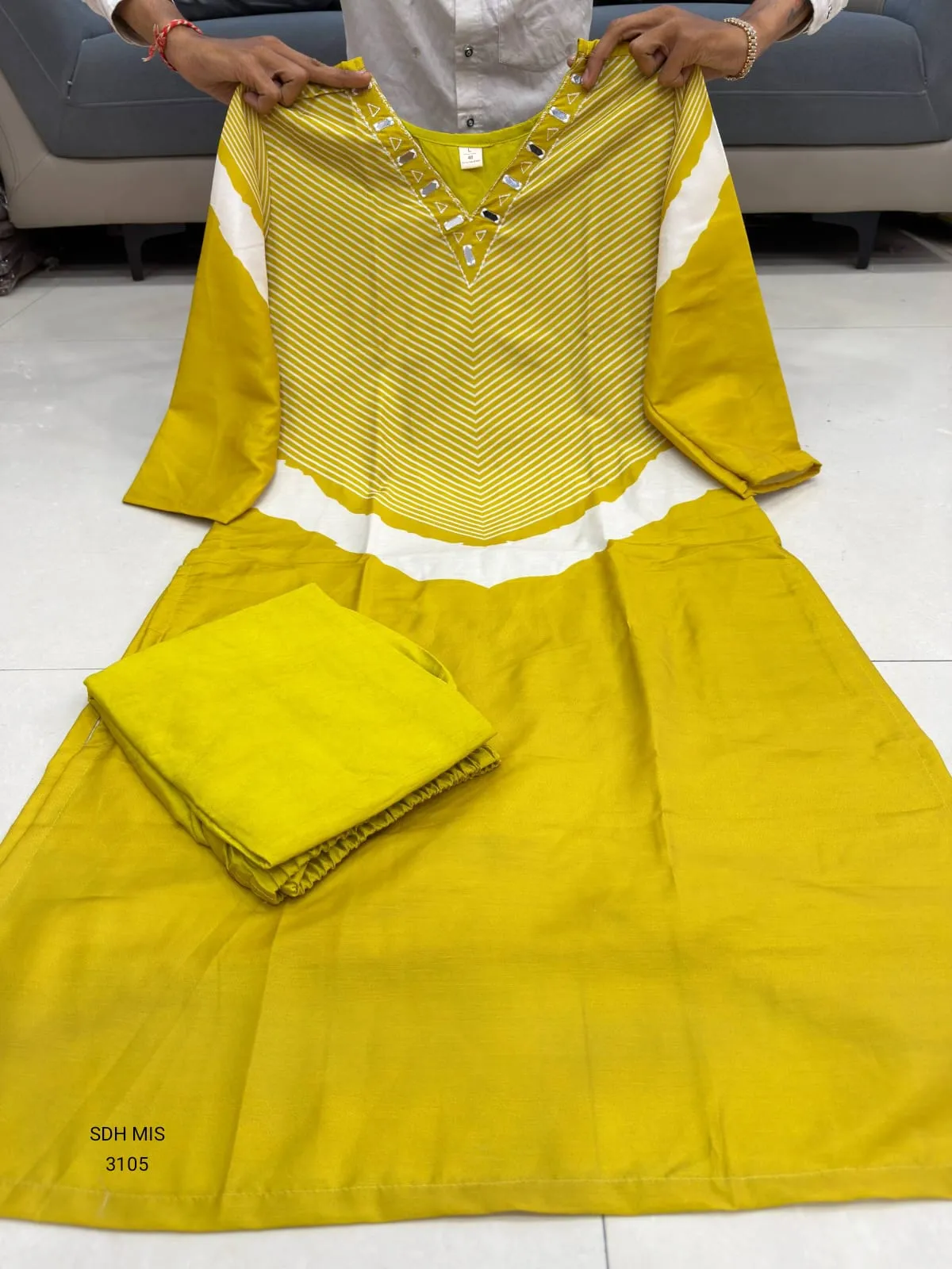 Olive Green Cotton Blend Three Piece Suit Set with White Floral Embroidery